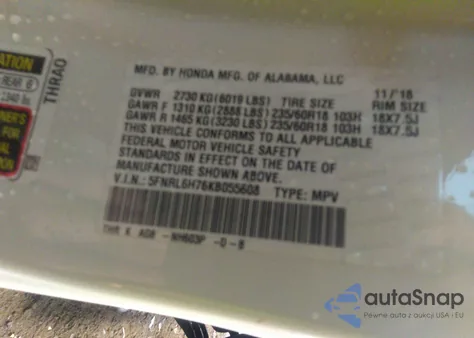 2019 Honda Odyssey Ex-L из США, поврежденный, VIN 5FNRL6H76KB055608